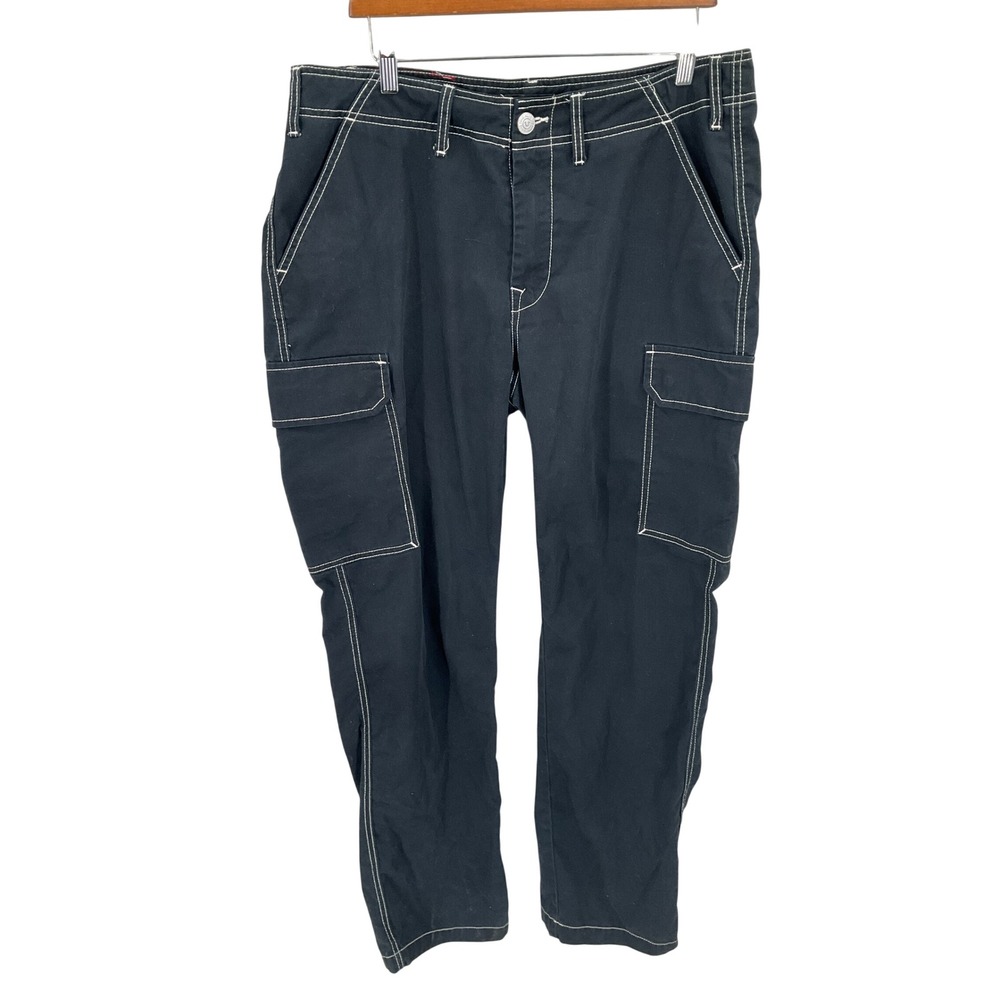 True Religion Cargo Pants Womens 34 Black Contrast Stitch Y2K Streetwear Boho